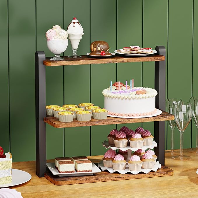 KLM Cupcake Stand, 3 Tier Stepped Wood Display Stand for Weddings, Tiered Party Table Display Riser for Food , Dessert, Cookie, Decor, Craft Show, Party Serving Tray, Vendor Dessert Table Display Set