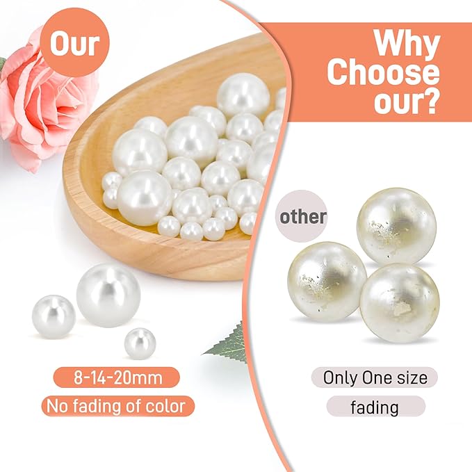 180PCS White Beads for Centerpieces Vases, No Hole Polished Pearl Makeup Beads Mixed 8/14/20mm Sizes, Pearl Vase Fillers Table Scatters for Party Wedding Decor