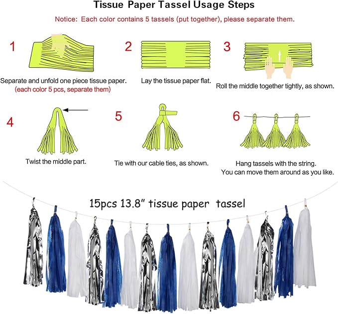 Navy-Blue White-Silver Tassel Garland Streamers - 15pcs Party Decorations Tissue Paper Tassels Banner,Graduation 2025 Wedding Baby Bridal Shower Hanging Decoration Boy Birthday Backdrop Decor Panduola