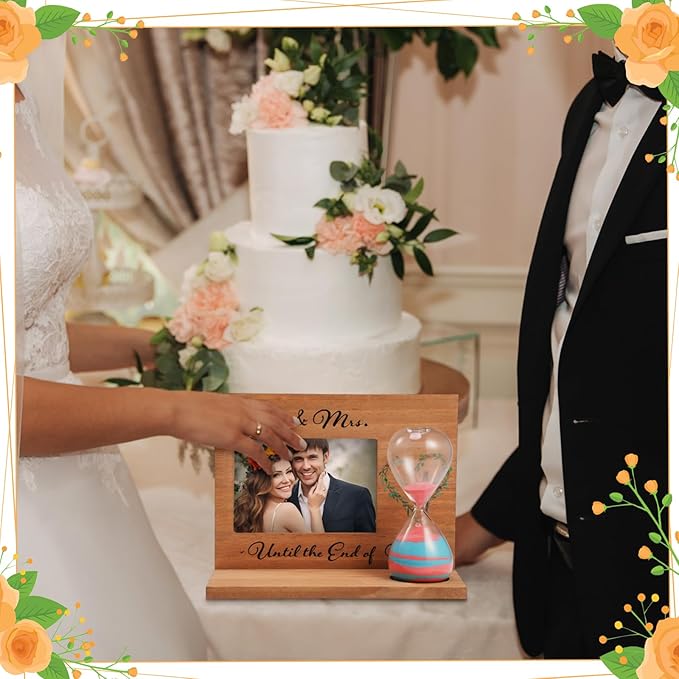 Blosssound Wedding Sand Ceremony Set Wooden Photo Frame, Hourglass Funnel, Sand, Glass Bottles, Mr and Mrs Until The End of Time Unity Kit for Weddings Ceremony Party Supplies(Nature)