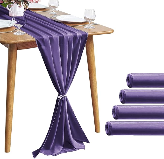 5 Pack 10Ft Chiffon Purple Table Runner Sheer 29x120 Inch for Romantic Wedding Decor Bridal & Baby Shower Birthday Rustic Party Decoration