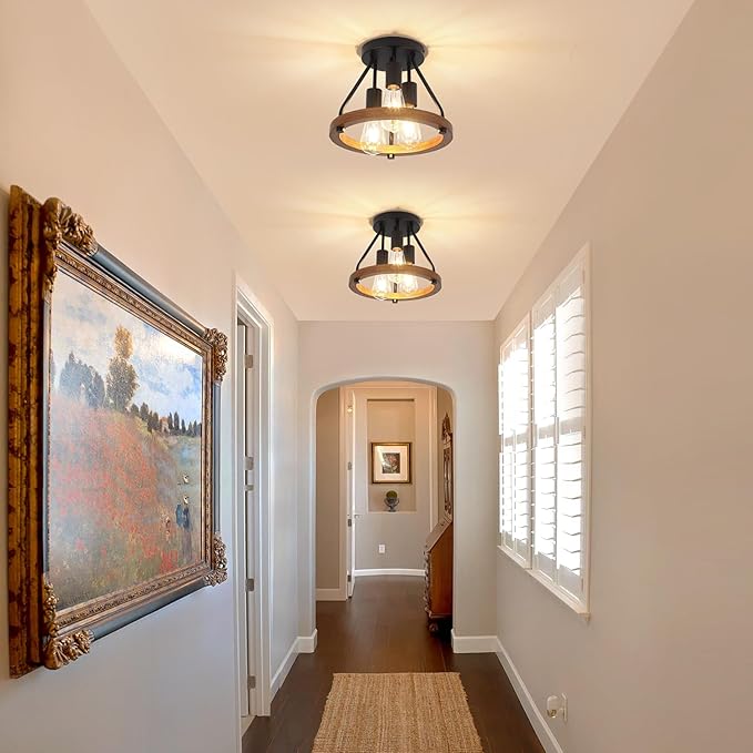 Modern Farmhouse Wood Semi Flush Mount Ceiling Light, Hallway Entryway Light Fixtures, 3-Light Rustic Industrial Ceiling Lamp for Kitchen Bedroom Dining Room Laundry Room Lighting, UL-Listed