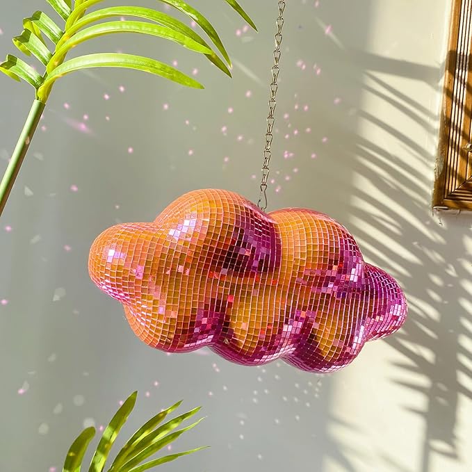 Pink Disco Ball Cloud Shaped, Hanging Disco Decor for Party,Room,Home, Retro Reflective Mirror Ball with Chain, Disco Ornaments, Design Patent