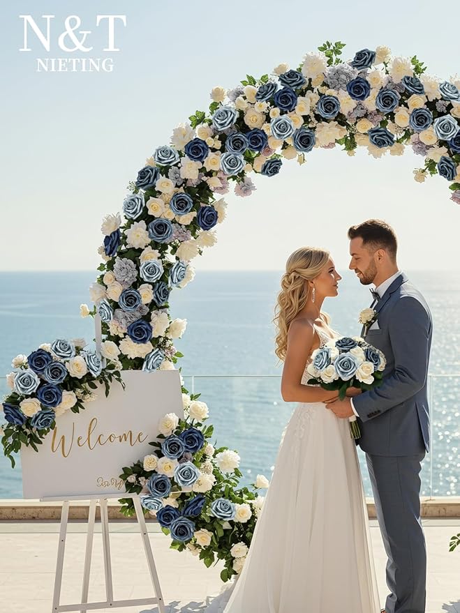 N&T NIETING Fake Roses,25pcs Artificial Flowers Dusty Blue Fake Roses Faux Flowers Fake Flowers for DIY Wedding Bouquets Centerpieces Floral Arrangements Home Decorations Shades of Navy Blue