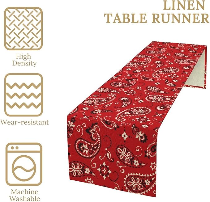 Paisley Table Runner, Boho Vintage Western Red Paisley Flower Print Table Runner for Kitchen Dining Table Wedding Holiday Party Decor, 13x36inch