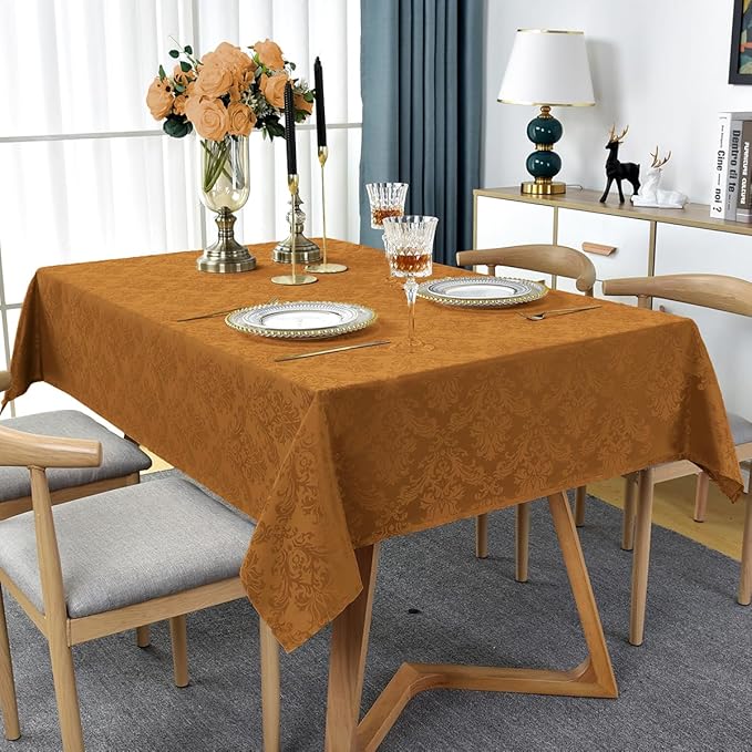 SASTYBALE Fall Tablecloth Rectangle 52 x 70 Inch Waterproof Wrinkle Free Autumn Jacquard Damask Table Cloth, Reusable Fabric Table Cover for Thanksgiving, Harvest, Holiday, Brown/Amber