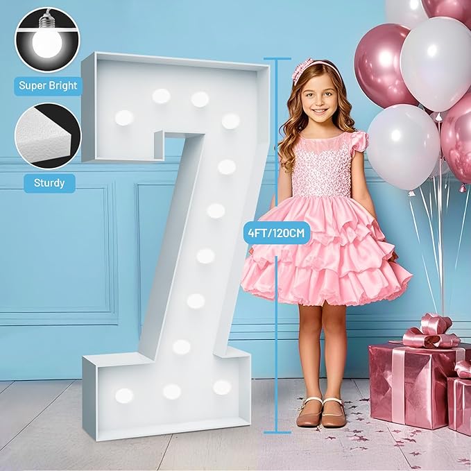 4FT Marquee Light Up Numbers - Cool White Light Up Numbers 7 with Fixed Water Bag, Party Decoration Large Marquee Light Up Numbers can Be Used for Wedding Decoration, Birthday Party Decoration