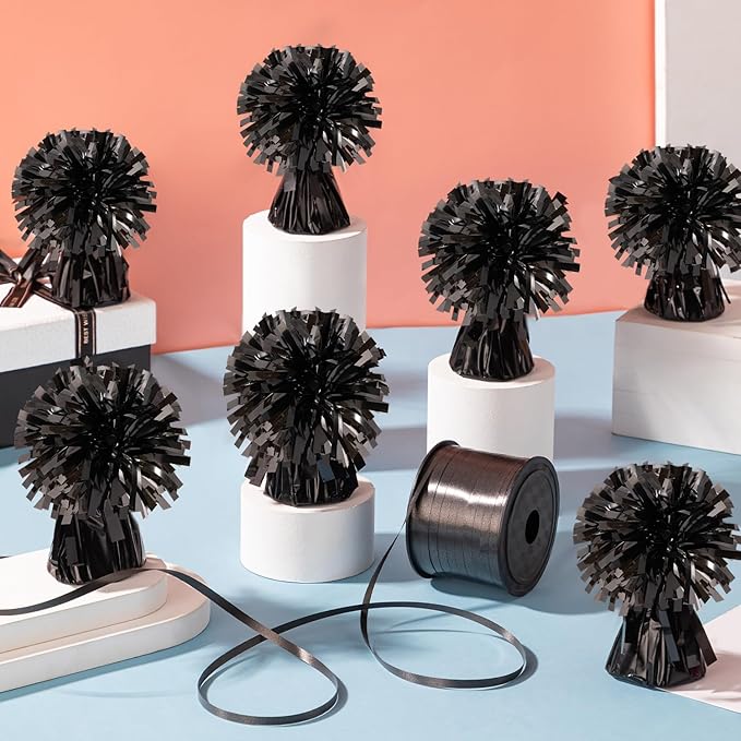 24 PCS Balloon Weights Metallic Anchor, Balloon Holder Heavy Weights with 1 Roll Black Crimped Ribbon for Balloons Table Party Favor Birthday Decor(Black)