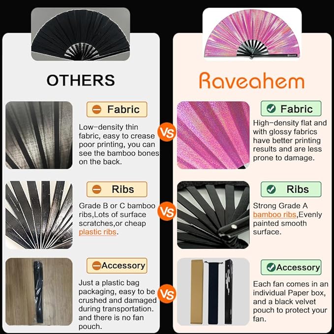 Large Rave Fan, Clack Folding Hand Fan with Premium Fabric, Thick Bamboo Frame for Men Women Gift for EDM, Festival, Club, Party, Dance, Decoration (Lridescent Pink, 11")