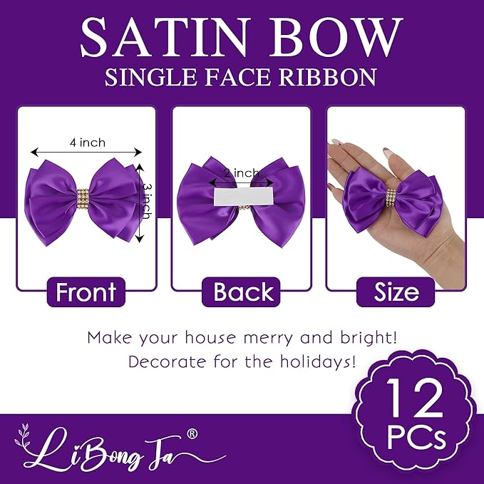 Purple Ribbon Bow 4'' Premade Satin Bow, Purple Gift Bows with Rhinestone, Wrapping Bows for Presents, Greeting Cards, Treat Bags, Wine Bottles, Valentines Bows for Gift Wrapping-12 Counts