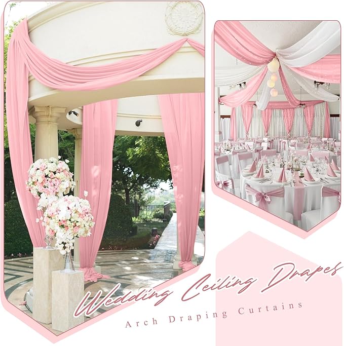 6 Panels Dusty Rose Ceiling Drapes for Wedding 5ftx20ft Chiffon Fabric Arch Draping Curtains Sheer Drapery for Party Ceremony Birthday Baby Shower Reception Stage Swag Ceiling Decorations