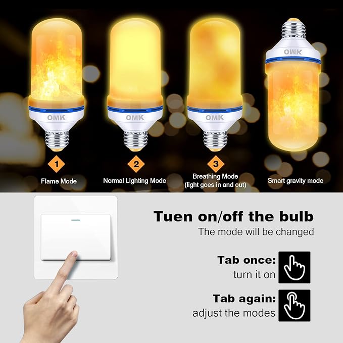 OMK 4 Pack Flickering Light Bulbs - Sunlight LED Flame Effect Light Bulbs with 4 Modes for Indoor/Outdoor Decor & Holiday Gifts