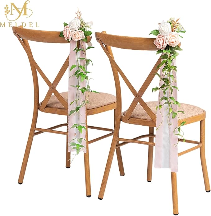 Meldel Wedding Chair Decorations Set of 10 Aisle Artificial Flowers White Pink Rose Garland with Hanging Ribbons for Ceremony Reception Church Pew Arrangement Party Wedding Aisle Decor