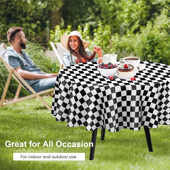 QIKSION Black and White Gingham Round Tablecloth 6 Pack, 84 Inch Plastic Checkered Table Cover Disposable for Parties