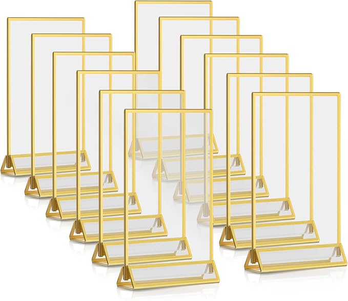 Blulu 12 Pack Acrylic Sign Holder Double Sided Picture Frame Wedding Table Number Stands with Border and Vertical Clear Display Menu Holders for Wedding Party Restaurant(4 x 6 Inch,Gold)