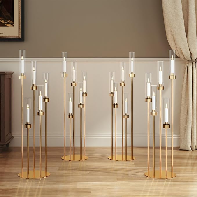 42.5'' Floor Candelabra 5 Arm Candelabra Centerpieces for Tables Gold Candle Sticks Holder 4 Set Tall Metal Candlestick with Acrylic Lampshades for Home Christmas Party (Round)