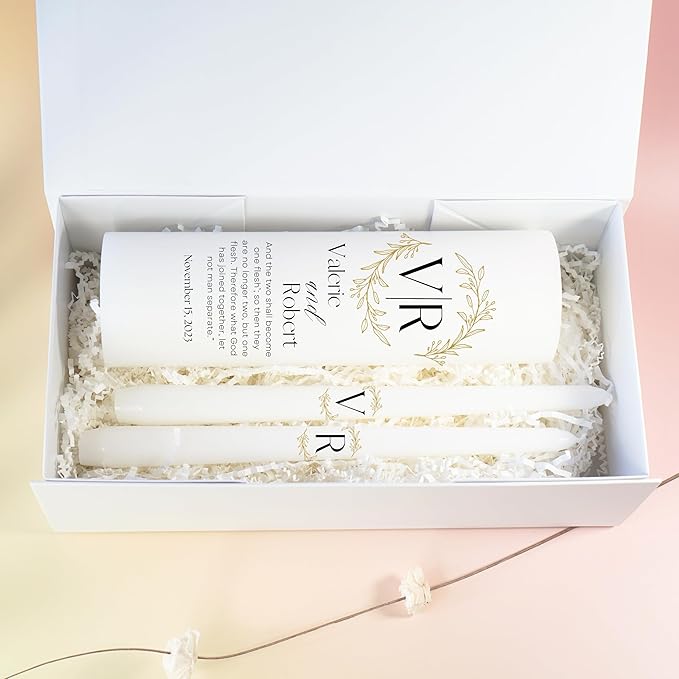 Unity Candles for Wedding, Modern Unity Set, Custom and Personalized Pillar and Taper Candles with Bible Quote, Unscented White Premium Wax, Religious and Wedding Ceremony, Special Events (Laurel)