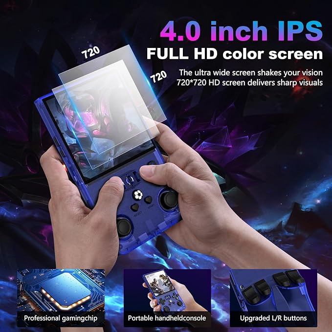 R36MAX Retro Handheld Game Console, 4.0 Inch 720x720 IPS Screen, Built-in 22,000+ Classic Game, Portable Hand Held Open Source Linux System, 4000mAh Battery Retro Gaming Console (Blue 128GB)