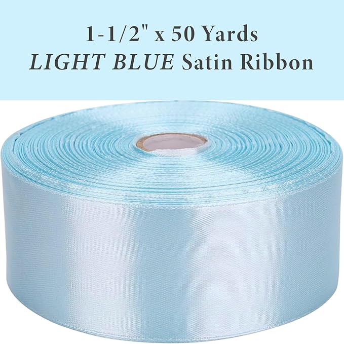 1-1/2" x 50 Yards Light Blue Satin Ribbon Single Faced Fabric Ribbons for Gift Wrapping, Crafting, Floral Arrangements, Flower Bouquet, Wedding, Home Decor