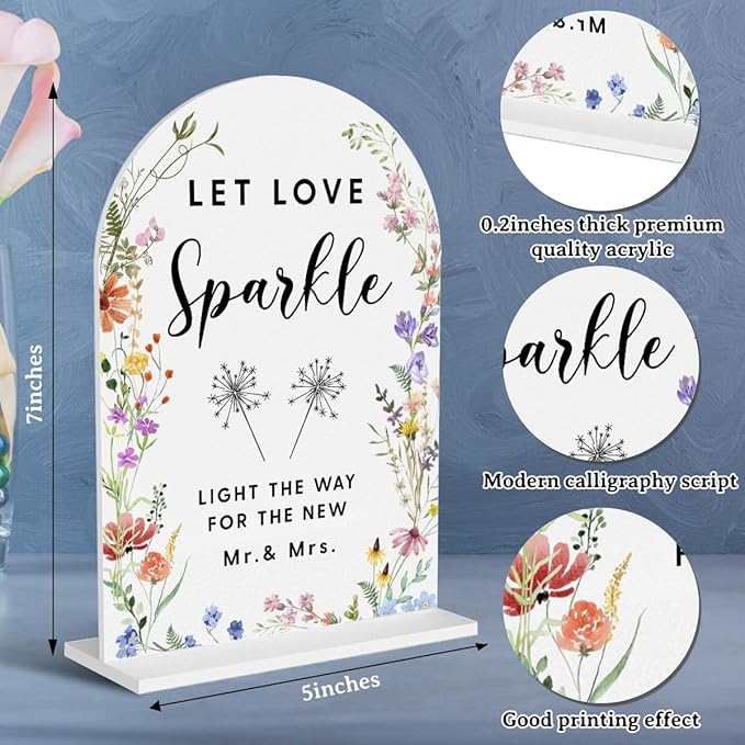 Acrylic Wedding Signs, Let Love Sparkle Signs for Marriage Reception, Bridal Shower Decorations, Modern Arched Round Top Acrylic Table Top Sign with Holder for Wedding Party (White Wildflowers)