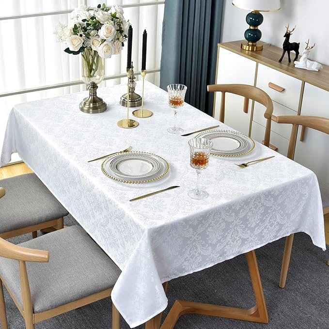 SASTYBALE White Tablecloth Rectangle 60 x 102 Inch Jacquard Damask Tablecloth, Spill Proof & Wrinkle Free Polyester Table Cloth, Heavy Table Cover for Dining Room, Party, Indoor, Outdoor