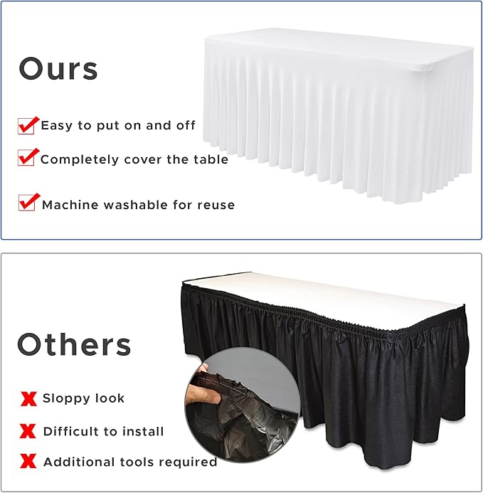 Nasitos White Table Skirt for 8 Foot Rectangle Tables, 2 Pack - 96 x 30 Inch - Stretch Spandex Fitted Table Clothes, Fabric Table Covers Cocktail Tablecloths for Party, Banquet, Birthday