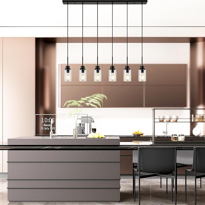 6 Lights Island Lights for Kitchen Modern Industrial Black Linear Chandeliers with Clear Glass Shade for Dining Room Kitchen Long Finish Ceiling Lighting Fixtures