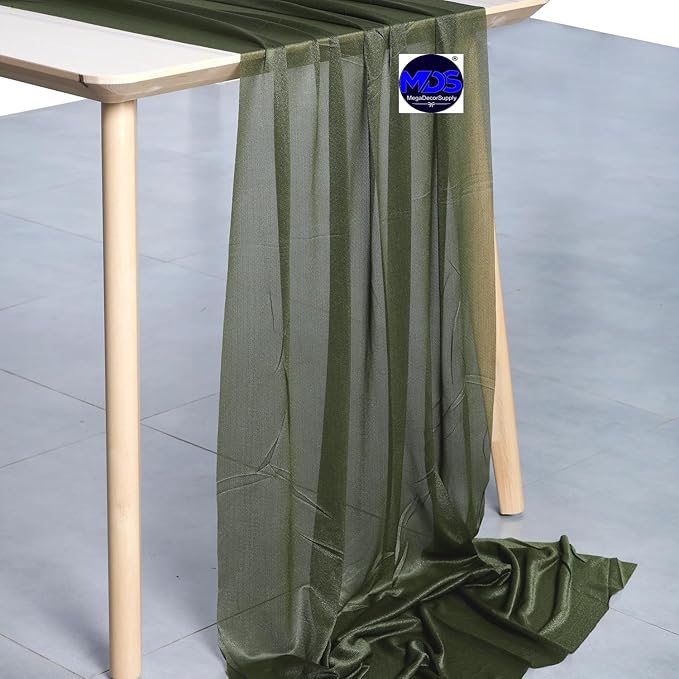 MDS 25 Pack 10ft Chiffon Table Runner 29 x 120 Inches Sheer Wedding Runner Romantic Rustic Table Runner for Wedding Decorations, Birthday Parties, Bridal Shower Party Arch Decor - Olive Green