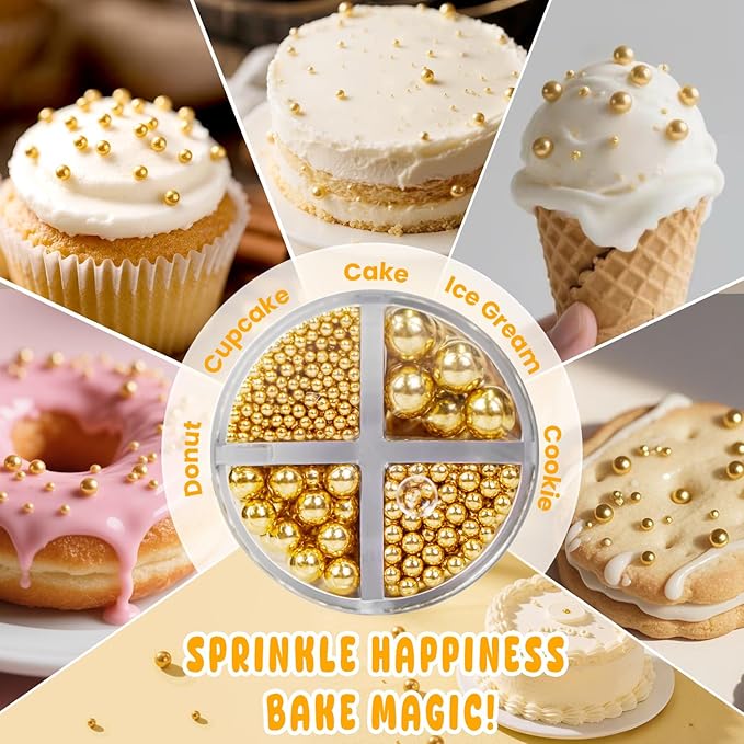 Gold Edible Sugar Pearl Sprinkles for Cake Decorating, Candy Pearls Sprinkles for Cupcake, Cookie, Baking Cake Decorations, 4 sizes, 160g/5.64oz, Holiday, Wedding Party, Christmas Supplies