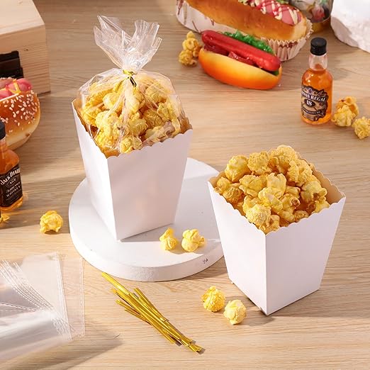 400 Pcs Zopeal Mini Popcorn Boxes and Clear Treat Bag Set, Bulk Popcorn Bags Open Top Paper Popcorn Containers with Treat Bags Popcorn Candy Boxes for Movie, Party, 3 x 4 Inch (White)