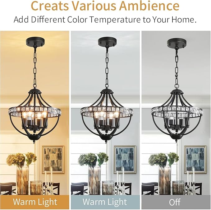 Farmhouse Crystal Ceiling Hanging Chandelier,16inch Black Rustic Vintage Pendant Light Fixture for Living Room Bedroom Dining Room Dining Foyer Kitchen Entry （5-Light）