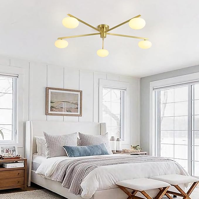 5 Lights Industrial Semi Flush Mount Ceiling Light Fixture Gold Modern Sputnik Chandelier Ceiling Light Fixtures Globe Sputnik Ceiling Lamp Glass Close to Ceiling Light Fixtures MCL05-GD