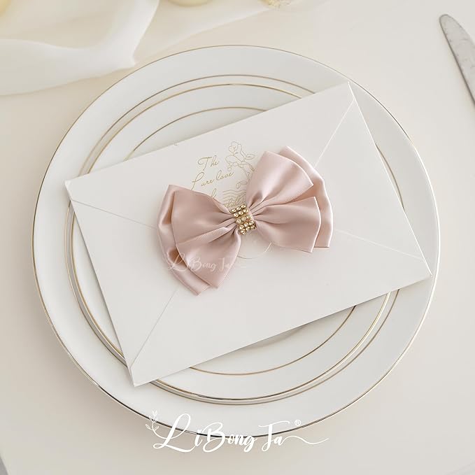 Pink Ribbon Bow 4'' Premade Satin Bows, Pink Gift Bows with Rhinestone, Rose Gold Bow for Presents, Greeting Cards, Treat Bags, Wine Bottle, Valentines Bows for Gift Wrapping-12 Counts
