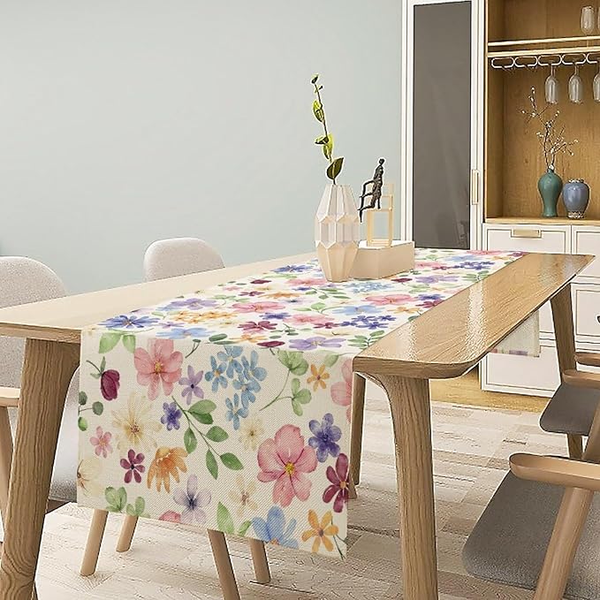 Floral Decorative Table Runner, Watercolor Floral Botanical Rustic Modern Style Pattern Printed Long Table Runner for Restaurant Kitchen Party,13in（33cm） W * 90in（229cm） L