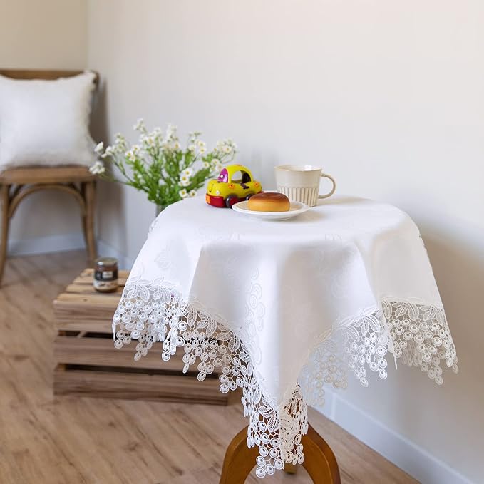 White lace Premium Square Farmhouse Tablecloth Waterproof OilProof SpillProof AntiShrink Soft Wrinkle Resistant Decorative Fabric Table Cover Kitchen Dinning Party Wedding Banquet