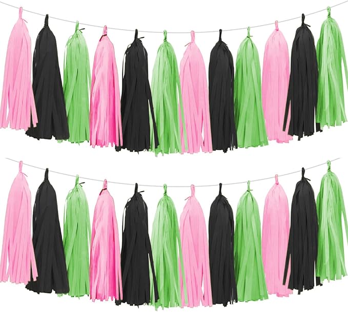 Tissue Paper Tassel Garland Banner, 15 Pack, Pink Green Black, Party Decorations for Birthday, Baby Shower