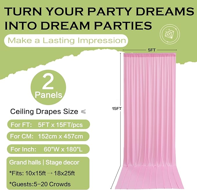 PartyVillage 10ft×15ft Light Pink Backdrop Curtain for Wedding Parties, 2 Panels Wrinkle Free 15 FT Long Polyester Photo Backdrop Drapes Back Drop Cloth for Birthday Photography Background