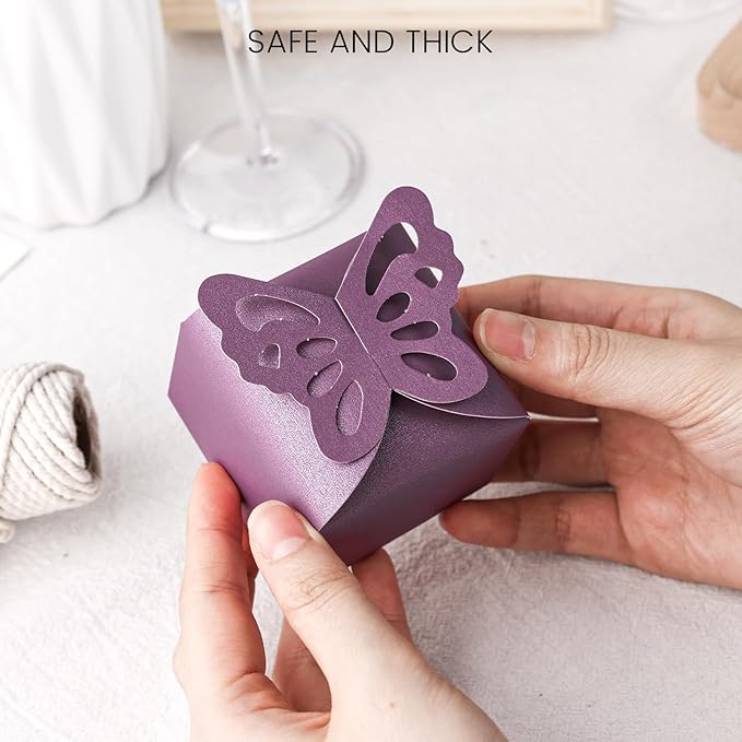 VGOODALL 50PCS Party Favor Boxes, 2.4" x 2.4" x 1.8" 3D Butterfly Candy Boxes Purple Baby Shower Favors for Wedding Birthday Party Gift