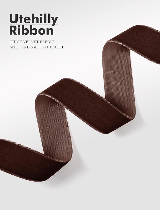 Brown Christmas Velvet Ribbon for Tree, Gift Wrapping, Flower Bouquet, Wreath Decorations, Bow Making 5/8'', 25 Yards