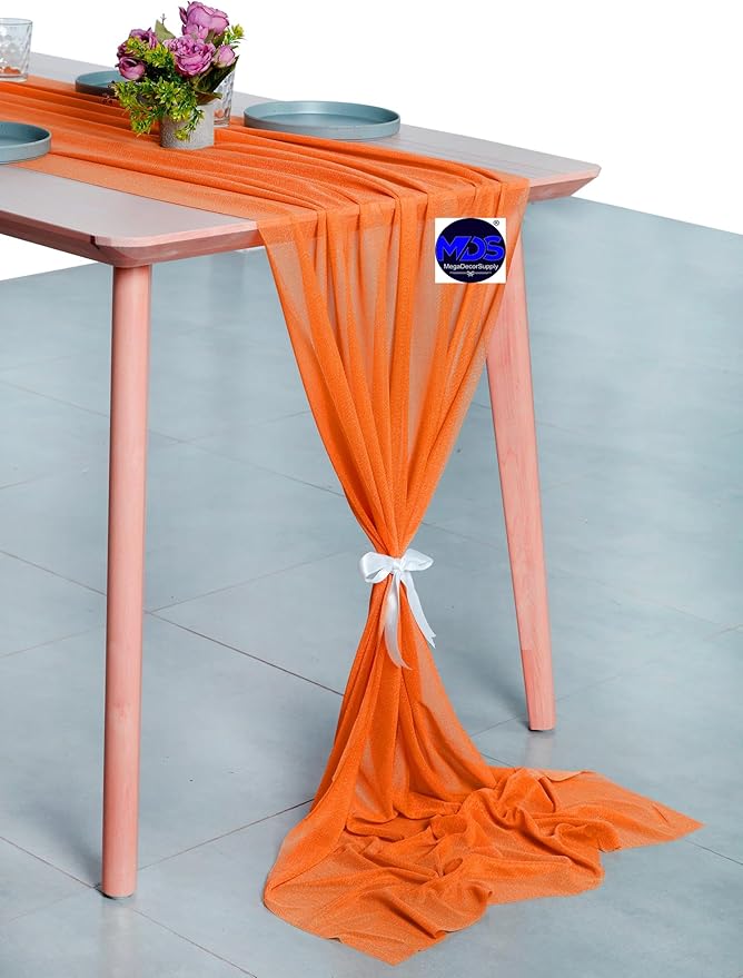 MDS 20 Pack 10ft Chiffon Table Runner 29 x 120 Inches Sheer Wedding Runner Romantic Rustic Table Runner for Wedding Decorations, Birthday Parties, Bridal Shower Party Arch Decor - Orange