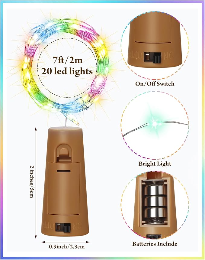 Hortsun 60 Pack Wine Bottle Lights with Cork Fairy Mini String Lights Battery Operated Mini Waterproof 7 ft Silver Wire 20 Led Cork Shape for Christmas, DIY, Party, Decor, Wedding, Bar (Multicolor)