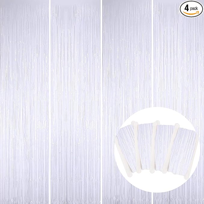 BEISHIDA 4 Pcs White Door Streamers Tinsel Curtain Party Streamers Backdrop Fringe Foil Wall Background for Birthday Halloween Christmas Wedding Party Decoration(3.28 ft x 6.56 ft)