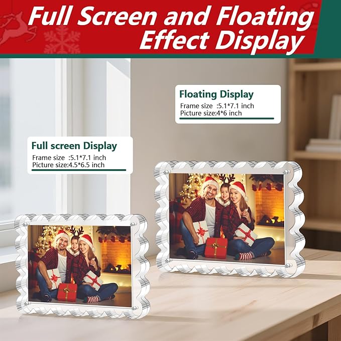3 Pack Acrylic Picture Frame - 4x6 Magnetic Picture Frames, Double Sided Magnet Frames,10+10mm Thick Block, Clear Frameless Photo Scalloped Freestanding for Desktop Display