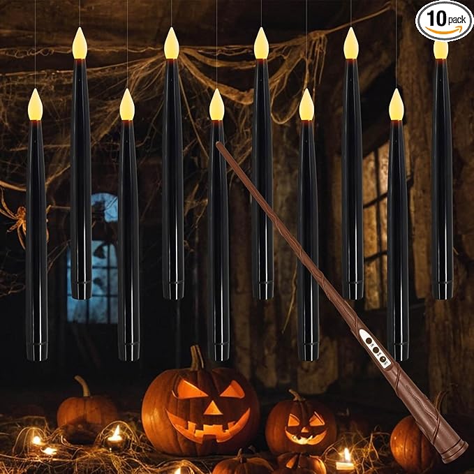 Leejec 10 Pcs of 10.8" Floating Candles, Magic Wand Remote with 6/18H Timer, Halloween Decorations, Hanging Flameless Taper Candles, Flickering Warm White LED, Home Decor, Witch Wizard Gift (Black)