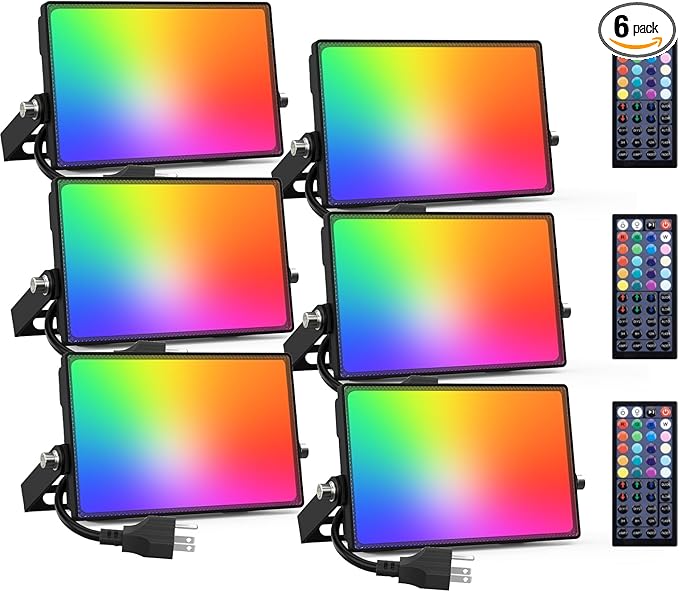 Onforu 25W RGB LED Flood Light Outdoor, 2000LM Color Changing Uplights with Remote, 2700K Warm White IP66 Stage Lights, Landscape Spotlights Indoor, Halloween Outdoor Uplighting for Events 6 Pack