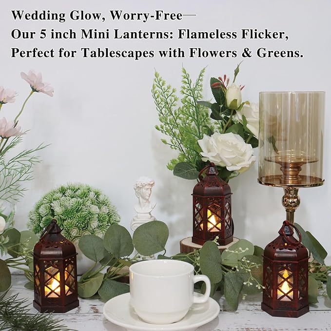 LLQ 8Pack Mini Lantern Decorative for Halloween Christmas & Wedding, Small Vintage Moroccan Lantern with Flickering LED Candle for Table Centerpieces, Enchanted Forest Medieval Decor, Hanging Ornament