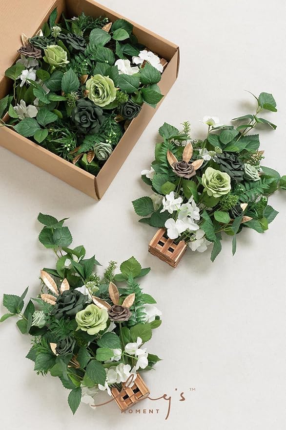 Ling's Moment 17.5" Tall Standing Artificial Flowers Arrangements 4pcs Fall Wedding Aisle Runner Chair Decorations Emerald Gold for Centerpieces Ceremony Reception Rose Floral Party Outdoor