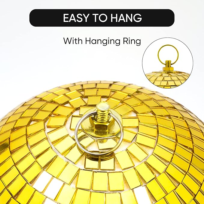 Mirror Disco Ball Decor with Hanging Ring: 8 Inch Large Gold Disco Ball Ornaments - Hanging Party Disco Balls for Party Decorations, 70s Theme Party, DJ, Wedding, Birthday, Christmas