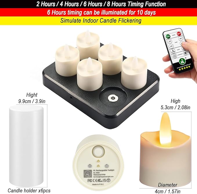 HL Flameless Candles with Remote Timer, 100+Hours Rechargeable Waterproof Outdoor Candles Tea Lights with Charging Base, Warm White LED Votive Floating Tealights for Festival Wedding Party Decor-6pc
