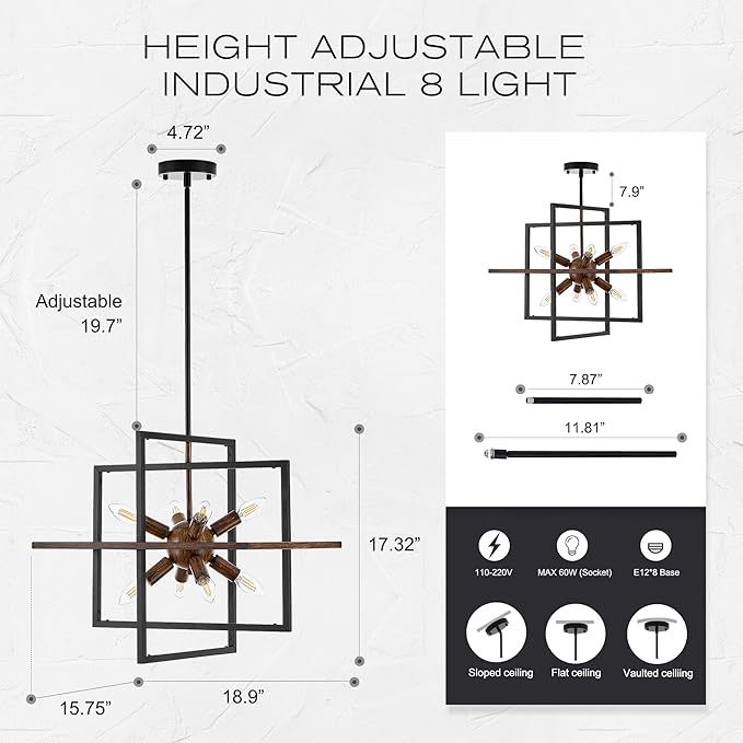 8-Light Wood Grain and Vintage Black Sputnik Chandelier, 18.9'' Industrial Pendant Lighting Fixture for Dining Room